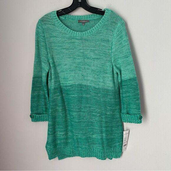 NY Collection Women’s Folded Sleeve Crew Neck Thick Knit Ombre Green Sweater L - Picture 1 of 3